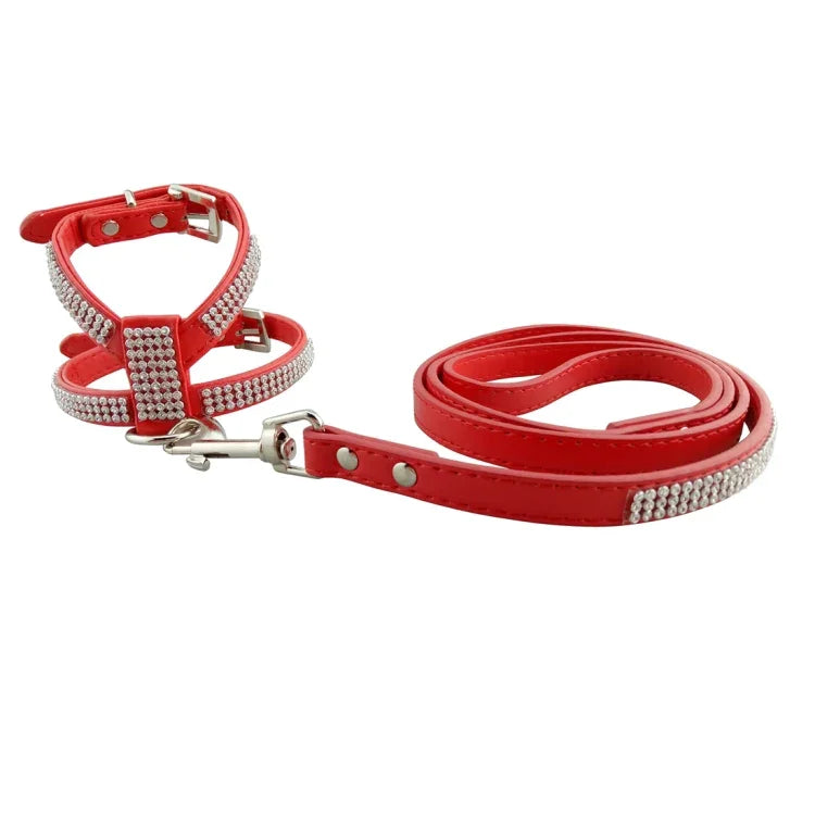 Hundegeschirr mit Strasssteinen, weichem und atmungsaktivem PU-Leder, Brustgurt und Halsband, Größe: M