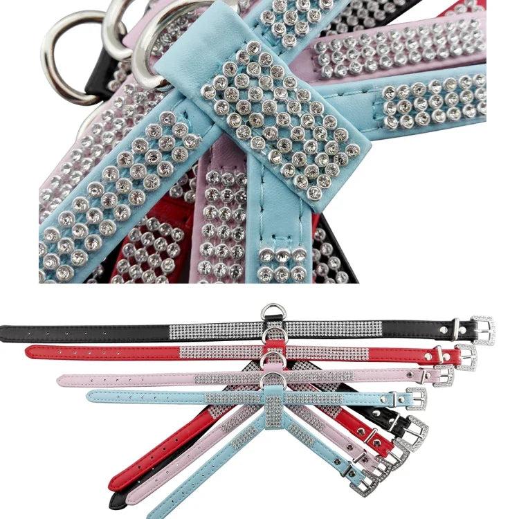 Hundegeschirr mit Strasssteinen, weichem und atmungsaktivem PU-Leder, Brustgurt und Halsband, Größe: M
