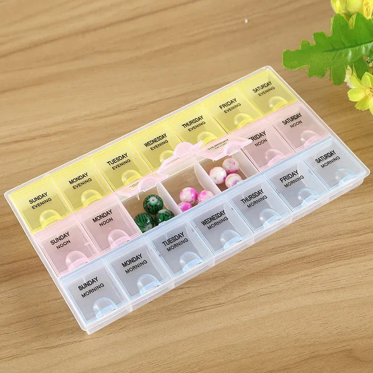 7-Tage-Pillenbox mit 21 Fächern Medikamenten-Aufbewahrungsbox Pillen-Vitamins-Organizer