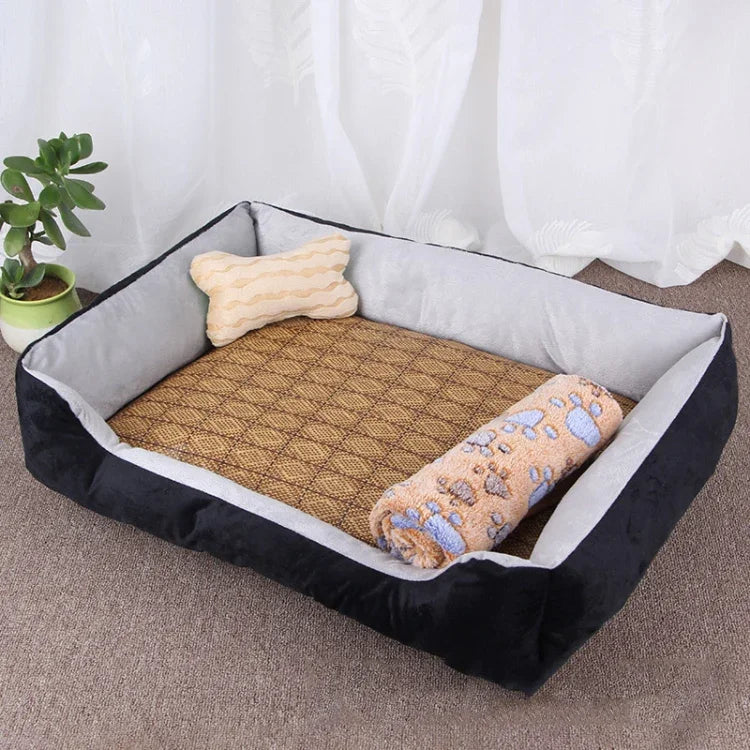 Große, weiche und warme Hunde- und Katzenmatte mit Knochenmuster, inklusive Rattanmatte und Decke. Größe: L, 80 × 60 × 15 cm.