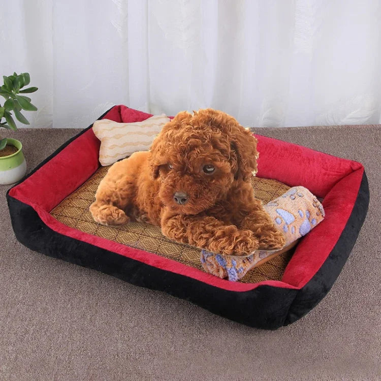 Große, weiche und warme Hunde- und Katzenmatte mit Knochenmuster, inklusive Rattanmatte und Decke. Größe: L, 80 × 60 × 15 cm.