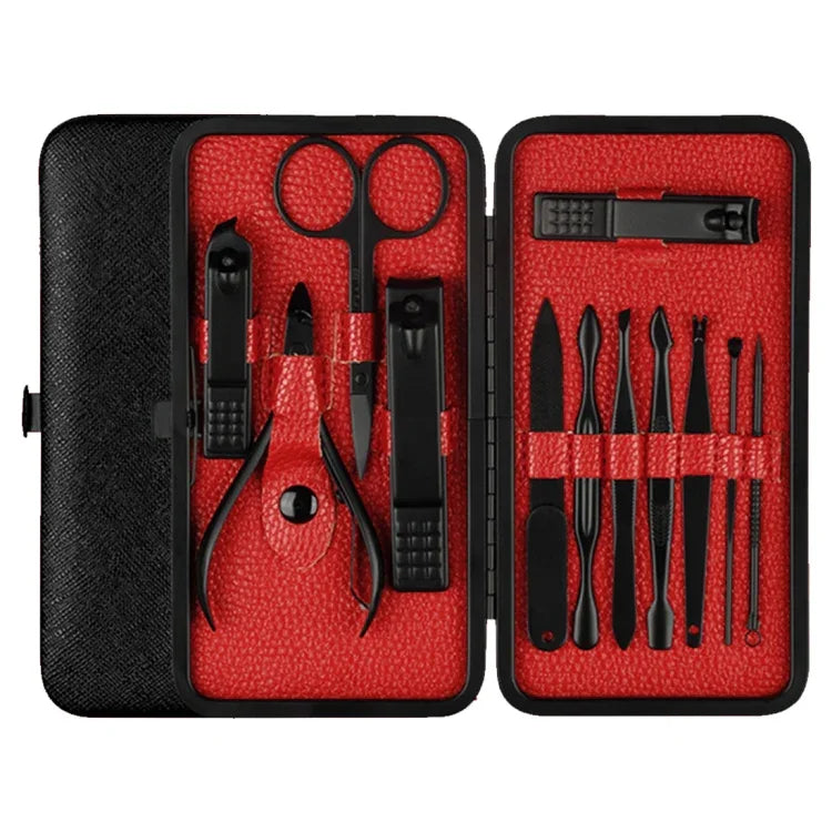 12-in-1 Fortgeschrittenes Nagelpflege-Set aus Edelstahl, Pediküre-Maniküre-Sets mit Lederetui, Rot+Schwarz