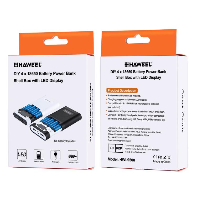 HAWEEL DIY 4 x 18650 Akku (nicht enthalten) 10000mAh Powerbank-Gehäuse mit 2 x USB-Ausgang & Display für iPhone, Galaxy, Sony, HTC, Google, Huawei, Xiaomi, Lenovo und andere Smartphones, DIY 4 x 18650 10000mAh Akku (US)