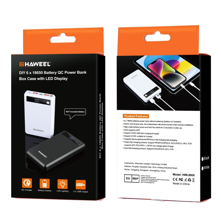 HAWEEL DIY 6 x 18650 Akku 24W Schnelllade-Powerbank-Gehäuse mit Display, ohne Akku, 6 x 18650 Akku
