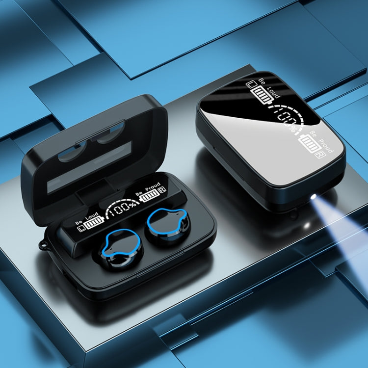 M9 Bluetooth 5.1 TWS Spiegel Digitalanzeige Kabellose Bluetooth-Kopfhörer mit Ladebox Taschenlampe, Unterstützt Touch & Siri & Batteriestatusanzeige, M9 (Schwarz)