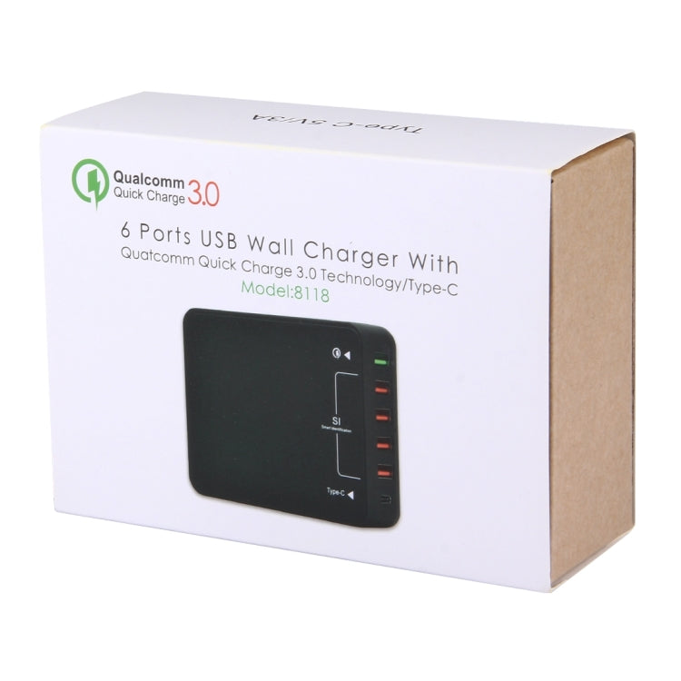 Q8118 1 Quick Charge 3.0 + 4 Smart Identification USB + 1 USB-C / Type-C 3.1 Desktop-USB-Ladegerät