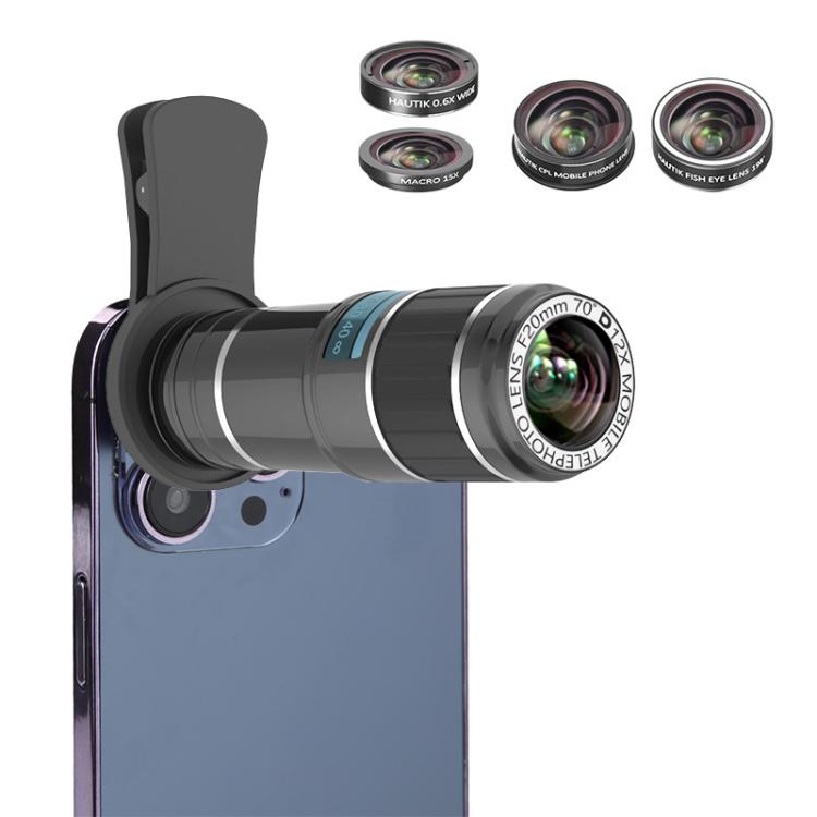 HAUTIK HK-002 5-in-1 180 Grad Fisheye Objektiv + 0,65X Makro & Weitwinkelobjektiv + 12X Teleobjektiv + Sternlinien Objektiv-Kits, HK-002