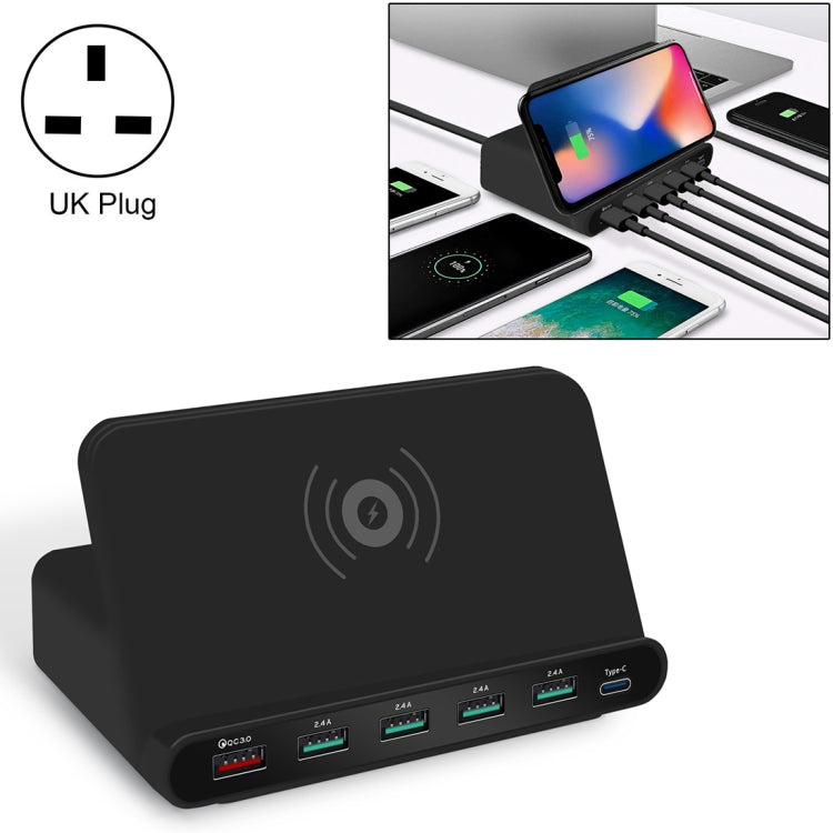 828W 7 in 1 60W QC 3.0 USB-Schnittstelle + 4 USB-Anschlüsse + USB-C / Type-C Schnittstelle + kabelloses Laden Multifunktionsladegerät mit Handyhalterfunktion, UK-Stecker, UK-Stecker Schwarz, UK-Stecker Weiß