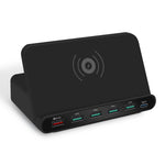 828W 7 in 1 60W QC 3.0 USB-Schnittstelle + 4 USB-Anschlüsse + USB-C / Type-C Schnittstelle + kabelloses Laden Multifunktionsladegerät mit Handyhalterfunktion, UK-Stecker, UK-Stecker Schwarz, UK-Stecker Weiß