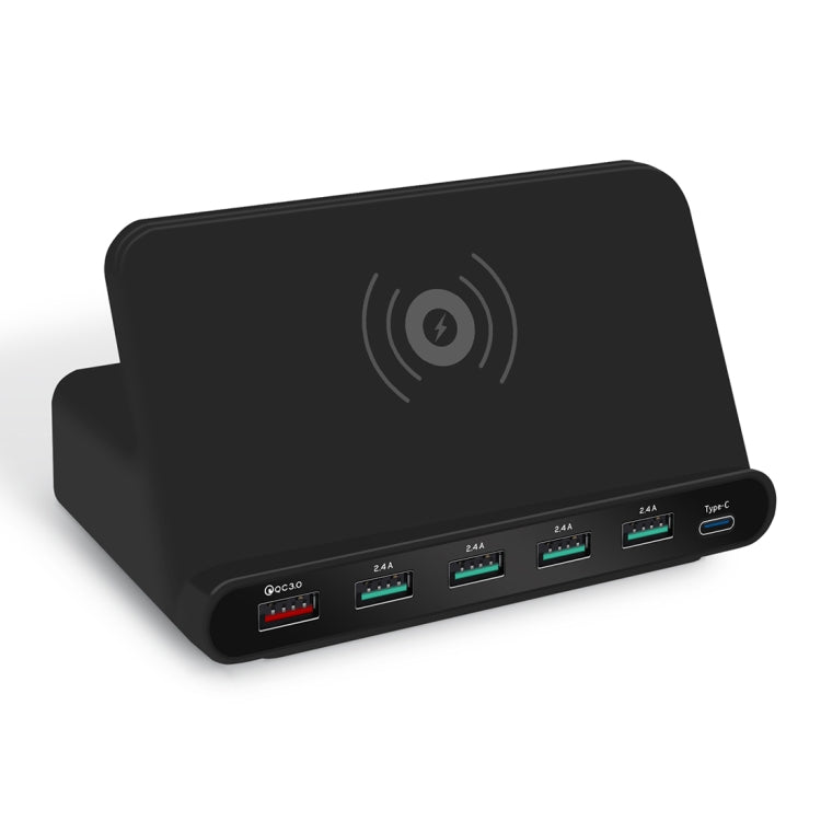 828W 7 in 1 60W QC 3.0 USB-Schnittstelle + 4 USB-Anschlüsse + USB-C / Type-C Schnittstelle + kabelloses Laden Multifunktionsladegerät mit Handyhalterfunktion, UK-Stecker, UK-Stecker Schwarz, UK-Stecker Weiß
