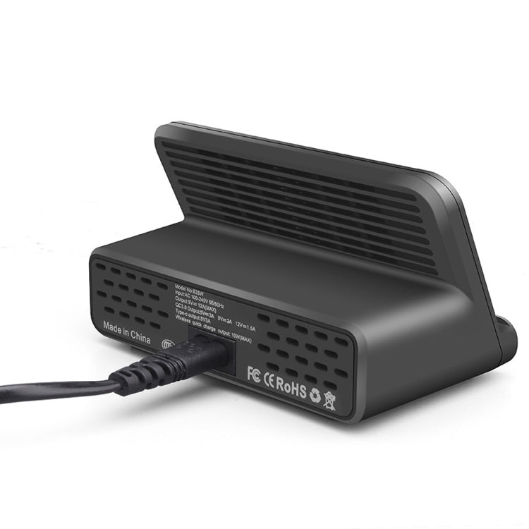 828W 7 in 1 60W QC 3.0 USB-Schnittstelle + 4 USB-Anschlüsse + USB-C / Type-C Schnittstelle + kabelloses Laden Multifunktionsladegerät mit Handyhalterfunktion, UK-Stecker, UK-Stecker Schwarz, UK-Stecker Weiß