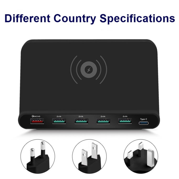 828W 7 in 1 60W QC 3.0 USB-Schnittstelle + 4 USB-Anschlüsse + USB-C / Type-C Schnittstelle + kabelloses Laden Multifunktionsladegerät mit Handyhalterfunktion, UK-Stecker, UK-Stecker Schwarz, UK-Stecker Weiß