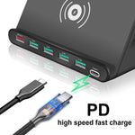 828W 7 in 1 60W QC 3.0 USB-Schnittstelle + 4 USB-Anschlüsse + USB-C / Type-C Schnittstelle + kabelloses Laden Multifunktionsladegerät mit Handyhalterfunktion, UK-Stecker, UK-Stecker Schwarz, UK-Stecker Weiß