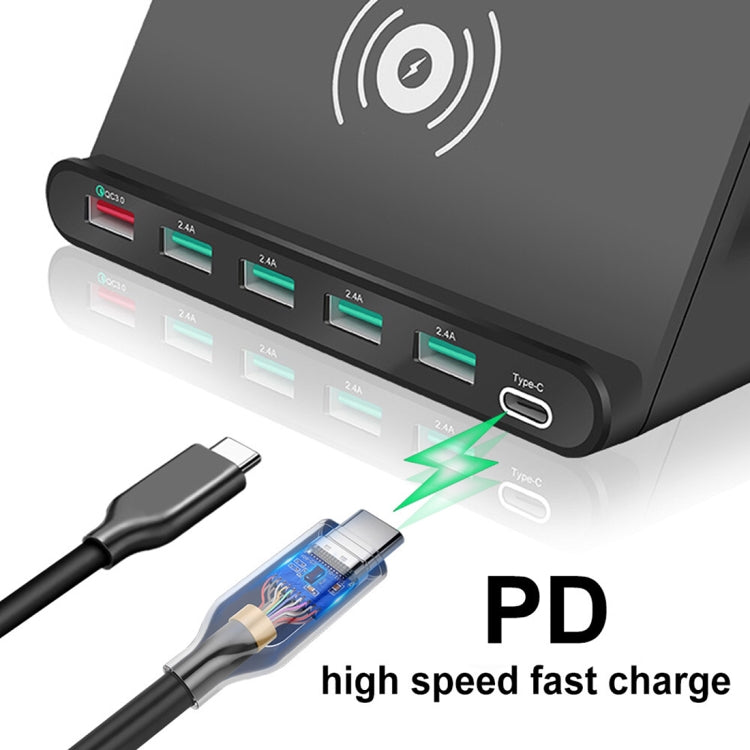 828W 7 in 1 60W QC 3.0 USB-Schnittstelle + 4 USB-Anschlüsse + USB-C / Type-C Schnittstelle + kabelloses Laden Multifunktionsladegerät mit Handyhalterfunktion, UK-Stecker, UK-Stecker Schwarz, UK-Stecker Weiß