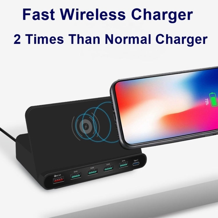 828W 7 in 1 60W QC 3.0 USB-Schnittstelle + 4 USB-Anschlüsse + USB-C / Type-C Schnittstelle + kabelloses Laden Multifunktionsladegerät mit Handyhalterfunktion, UK-Stecker, UK-Stecker Schwarz, UK-Stecker Weiß