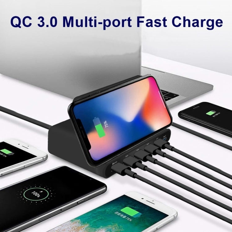 828W 7 in 1 60W QC 3.0 USB-Schnittstelle + 4 USB-Anschlüsse + USB-C / Type-C Schnittstelle + kabelloses Laden Multifunktionsladegerät mit Handyhalterfunktion, UK-Stecker, UK-Stecker Schwarz, UK-Stecker Weiß