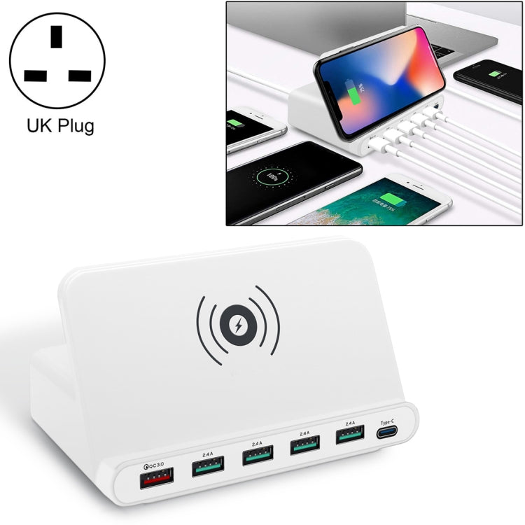 828W 7 in 1 60W QC 3.0 USB-Schnittstelle + 4 USB-Anschlüsse + USB-C / Type-C Schnittstelle + kabelloses Laden Multifunktionsladegerät mit Handyhalterfunktion, UK-Stecker, UK-Stecker Schwarz, UK-Stecker Weiß