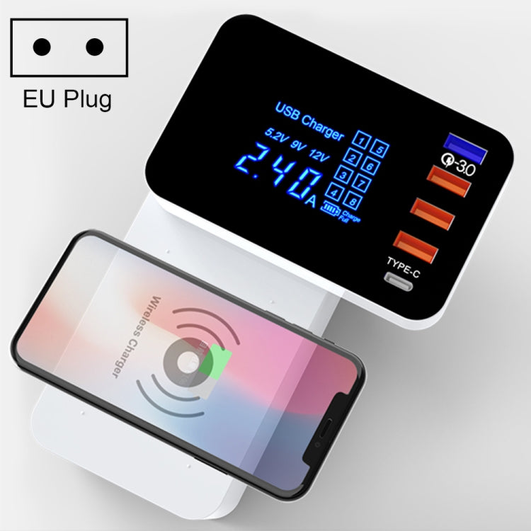 CDA33QW 40W QC 3.0 USB-Anschlüsse + 3 USB-Anschlüsse + USB-C / Type-C Anschlüsse + Kabelloses Laden Multifunktionsfaltladegerät mit LED-Anzeige, EU-Stecker, EU-Stecker