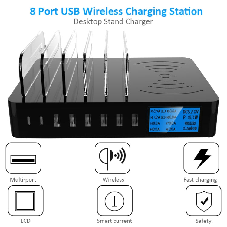50W 6 USB-Anschlüsse + 2 USB-C / Type-C Anschlüsse + Kabelloses Laden Multifunktionsladegerät mit LED-Anzeige & abnehmbarem Rahmen, AU-Stecker, AU-Stecker
