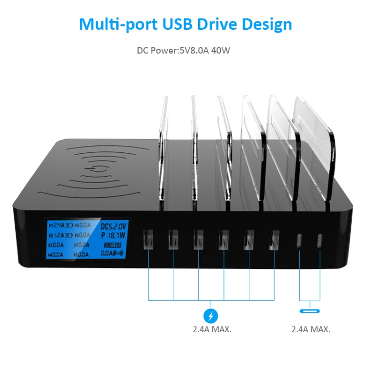 50W 6 USB-Anschlüsse + 2 USB-C / Type-C Anschlüsse + Kabelloses Laden Multifunktionsladegerät mit LED-Anzeige & abnehmbarem Rahmen, AU-Stecker, AU-Stecker