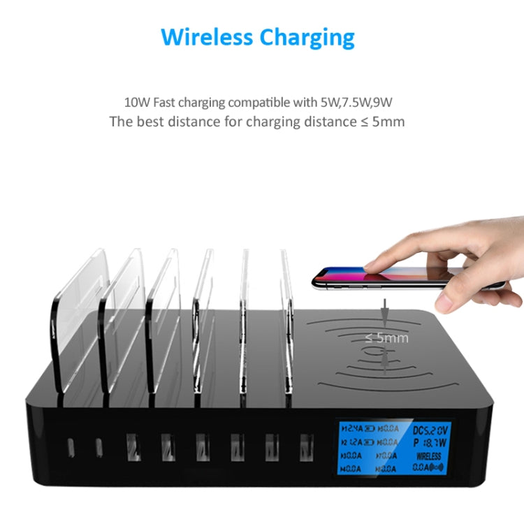 50W 6 USB-Anschlüsse + 2 USB-C / Type-C Anschlüsse + Kabelloses Laden Multifunktionsladegerät mit LED-Anzeige & abnehmbarem Rahmen, US-Stecker, US-Stecker