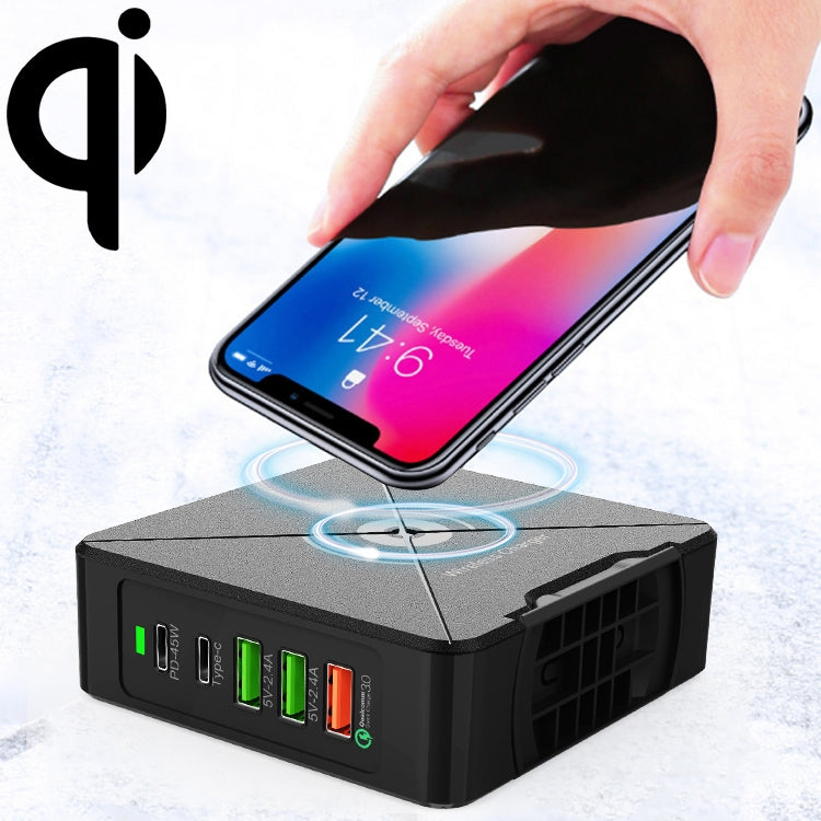F88W 3 x USB + 2 x USB-C / Typ-C Anschlüsse QC3.0 Desktop-Ladegerät mit kabelloser Ladefunktion, F88W