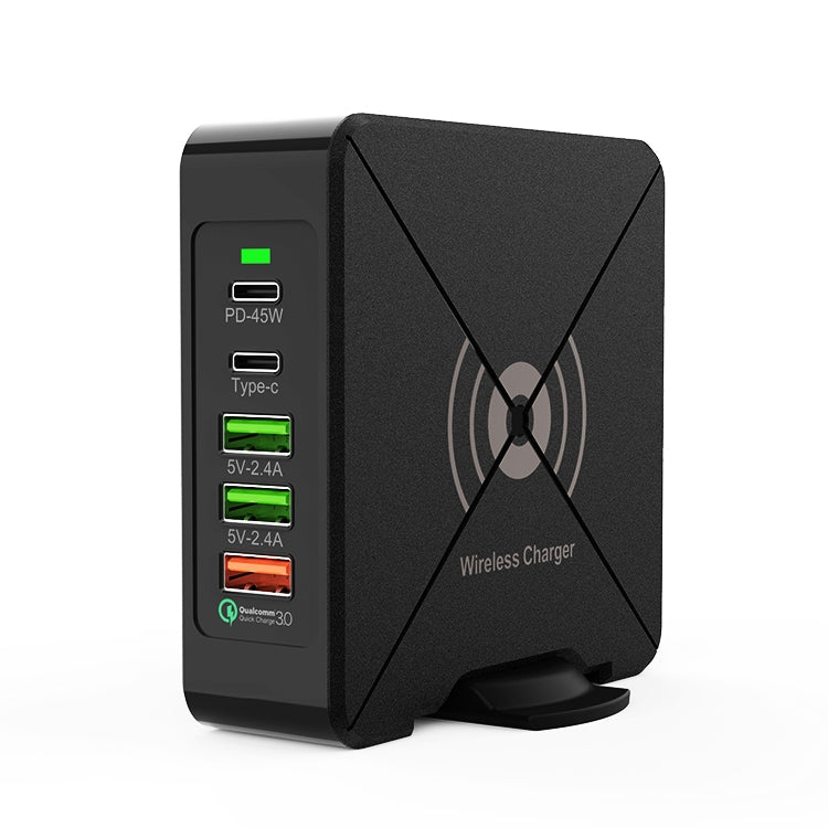 F88W 3 x USB + 2 x USB-C / Typ-C Anschlüsse QC3.0 Desktop-Ladegerät mit kabelloser Ladefunktion, F88W