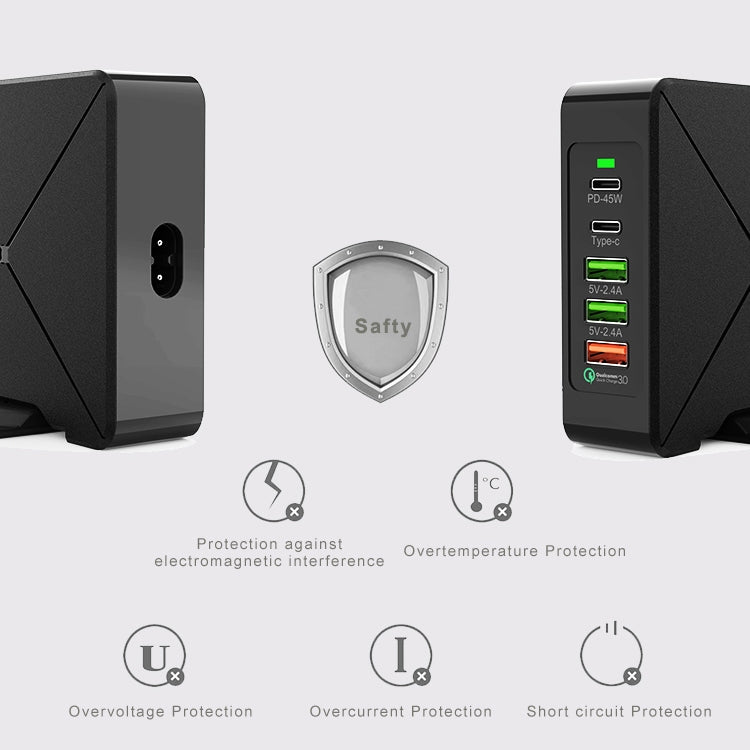 F88W 3 x USB + 2 x USB-C / Typ-C Anschlüsse QC3.0 Desktop-Ladegerät mit kabelloser Ladefunktion, F88W