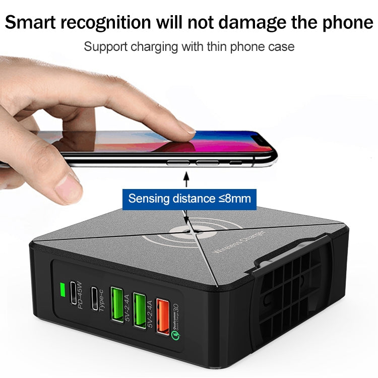 F88W 3 x USB + 2 x USB-C / Typ-C Anschlüsse QC3.0 Desktop-Ladegerät mit kabelloser Ladefunktion, F88W