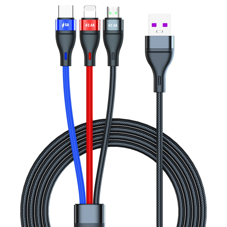 40W 5A USB zu Micro USB + USB-C / Typ-C + 8 Pin Schnelllade-Datenkabel, Kabellänge: 1.2m, 1.2m