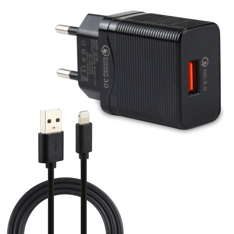 LZ-728 2-in-1 18W QC 3.0 USB-Schnittstelle Reiseladegerät + USB-zu-8-Pin-Datenkabel-Set, EU-Stecker, Kabellänge: 1m, mit 8-Pin-Kabel