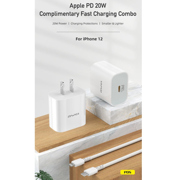 awei PD5 PD 20W Schnelllade-Reiseladegerät Netzteil mit Type-C / USB-C zu 8-Pin Kabel, US-Stecker