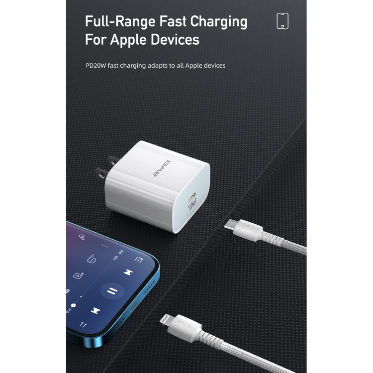 awei PD5 PD 20W Schnelllade-Reiseladegerät Netzteil mit Type-C / USB-C zu 8-Pin Kabel, US-Stecker