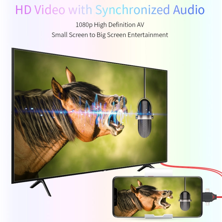 MiraScreen L7-8 3-in-1 8-Pin + Micro-USB + USB-C / Typ-C auf HDMI Videokonverterkabel, Kabellänge: 2m, 3-in-1 HDMI