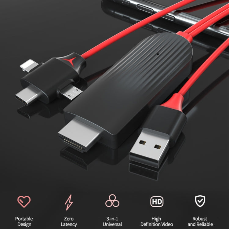 MiraScreen L7-8 3-in-1 8-Pin + Micro-USB + USB-C / Typ-C auf HDMI Videokonverterkabel, Kabellänge: 2m, 3-in-1 HDMI