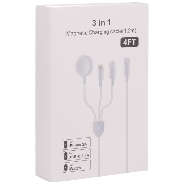 3 in 1 USB-C / Type-C zu 8 Pin + USB-C / Type-C + Magnetisches kabelloses Uhrenladegerät Datenkabel, Kabellänge: 1,2m, 3 in 1