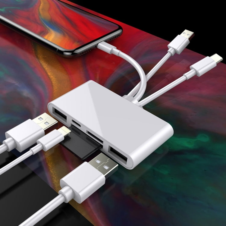 5-in-1 8 Pin + Type-C / USB-C + USB + TF-Karten + SD-Karten Multifunktionaler Kamera-Leser Adapter, 5-in-1