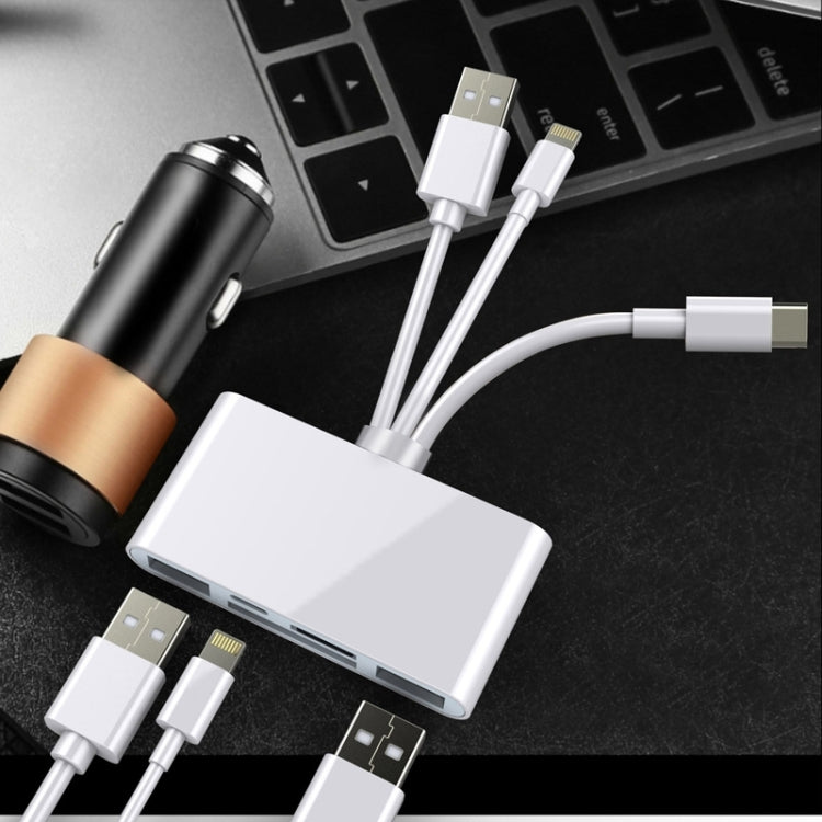 5-in-1 8 Pin + Type-C / USB-C + USB + TF-Karten + SD-Karten Multifunktionaler Kamera-Leser Adapter, 5-in-1