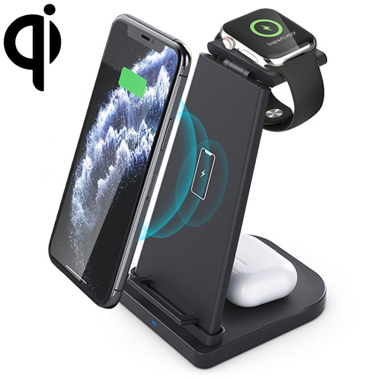 10W 3-in-1 QC 3.0 Vertikales Multifunktions-Kabelloses Ladegerät mit Ständerfunktion, geeignet für Mobiltelefone / Apple Watch / AirPods