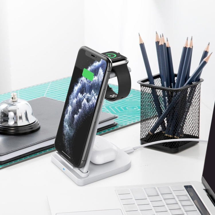10W 3-in-1 QC 3.0 Vertikales Multifunktions-Kabelloses Ladegerät mit Ständerfunktion, geeignet für Mobiltelefone / Apple Watch / AirPods