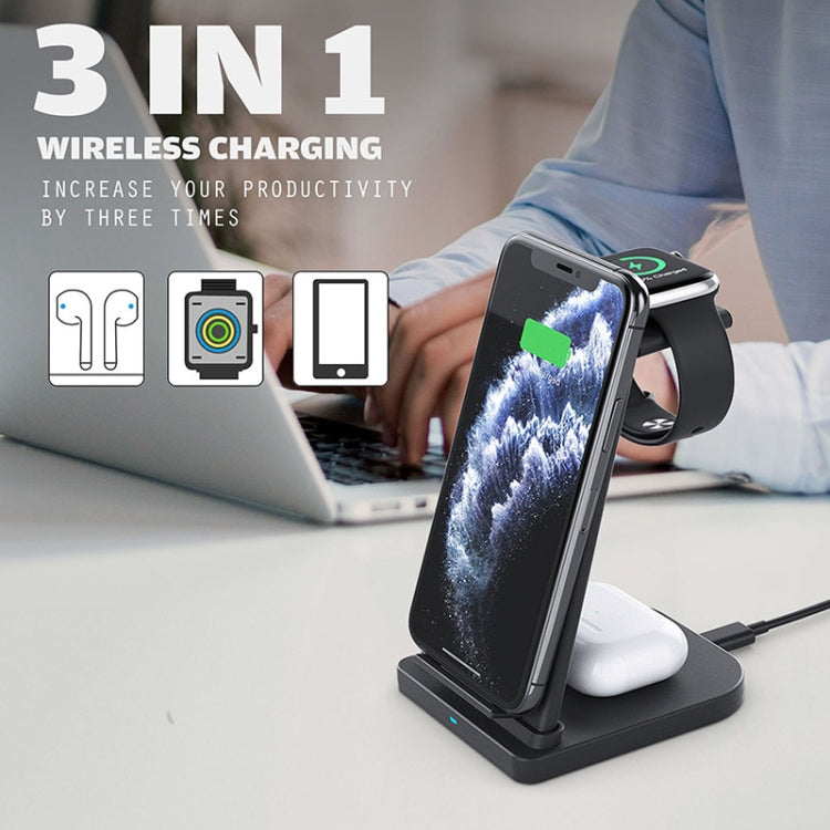 10W 3-in-1 QC 3.0 Vertikales Multifunktions-Kabelloses Ladegerät mit Ständerfunktion, geeignet für Mobiltelefone / Apple Watch / AirPods