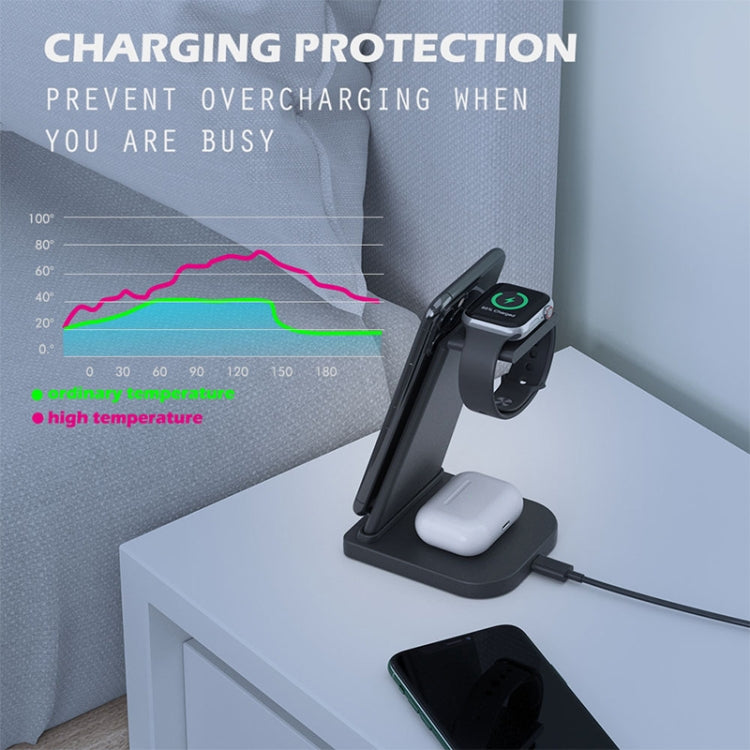 10W 3-in-1 QC 3.0 Vertikales Multifunktions-Kabelloses Ladegerät mit Ständerfunktion, geeignet für Mobiltelefone / Apple Watch / AirPods