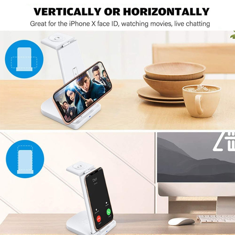 10W 3-in-1 QC 3.0 Vertikales Multifunktions-Kabelloses Ladegerät mit Ständerfunktion, geeignet für Mobiltelefone / Apple Watch / AirPods