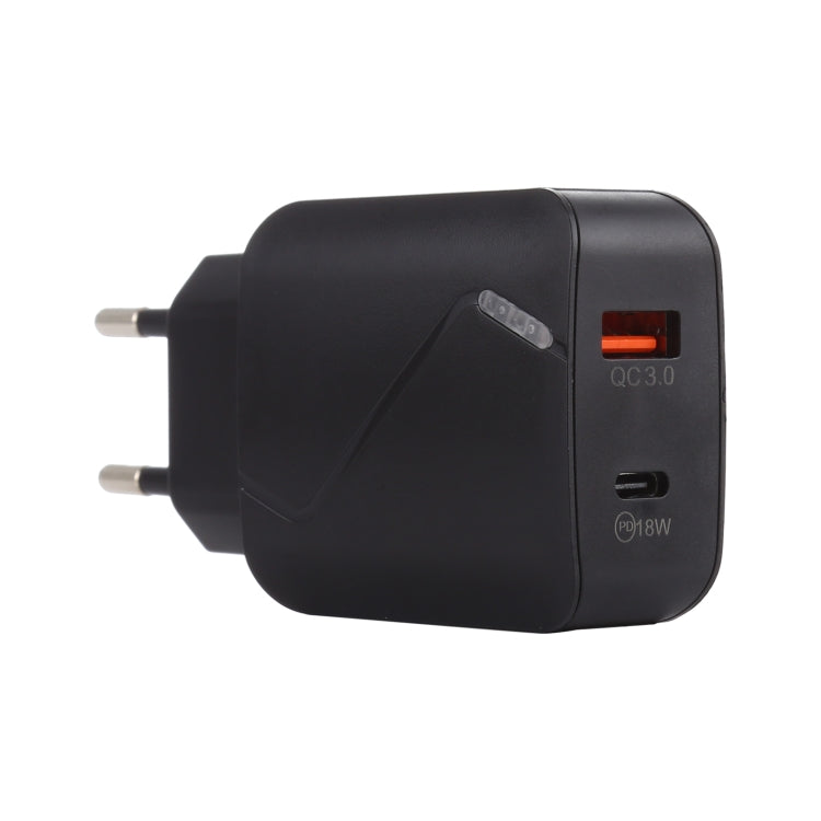 LZ-819A+C QC3.0 USB + PD 18W USB-C / Typ-C Schnittstellen Reise-Ladegerät mit Kontrollleuchte, EU Stecker, EU Stecker