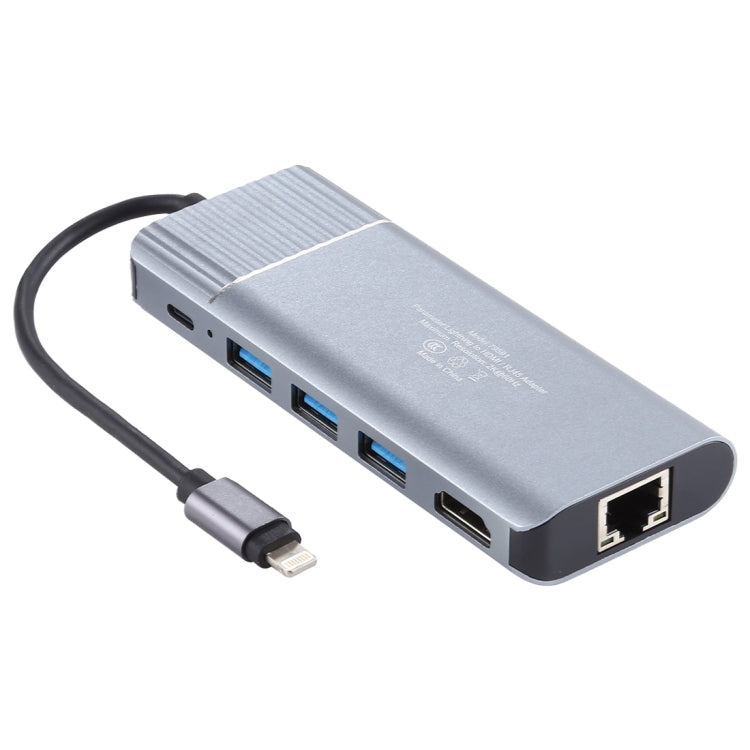 6-in-1 USB 2.0 x 3 + HDMI + RJ45 + 8-Pin weiblicher Ladeanschluss zu 8-Pin männlicher Multifunktions-Dockingstation-Adapter, 79591
