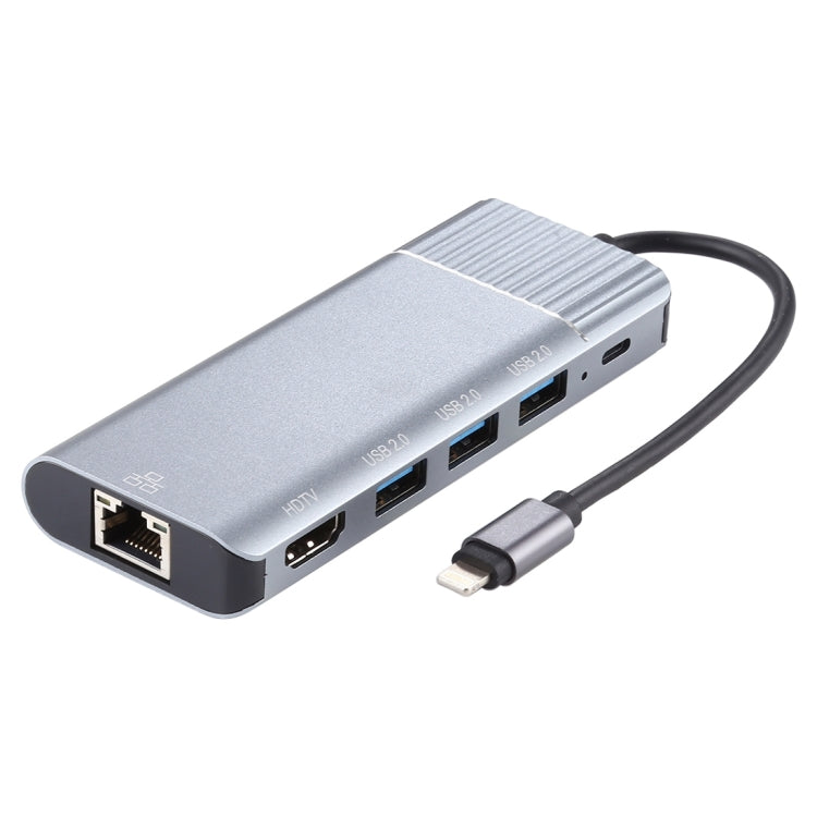 6-in-1 USB 2.0 x 3 + HDMI + RJ45 + 8-Pin weiblicher Ladeanschluss zu 8-Pin männlicher Multifunktions-Dockingstation-Adapter, 79591