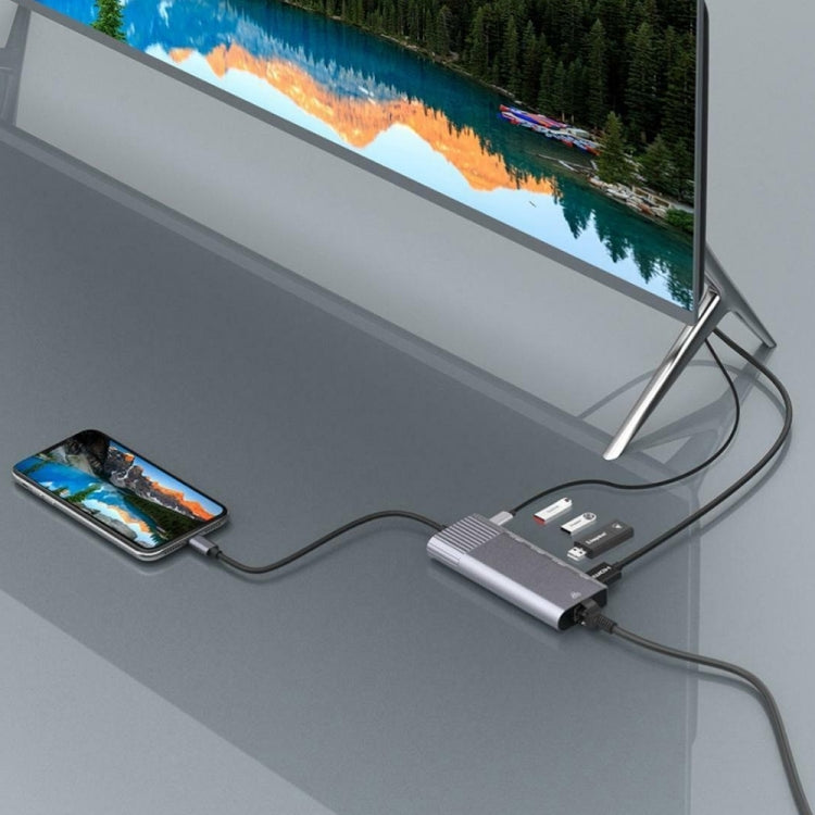6-in-1 USB 2.0 x 3 + HDMI + RJ45 + 8-Pin weiblicher Ladeanschluss zu 8-Pin männlicher Multifunktions-Dockingstation-Adapter, 79591