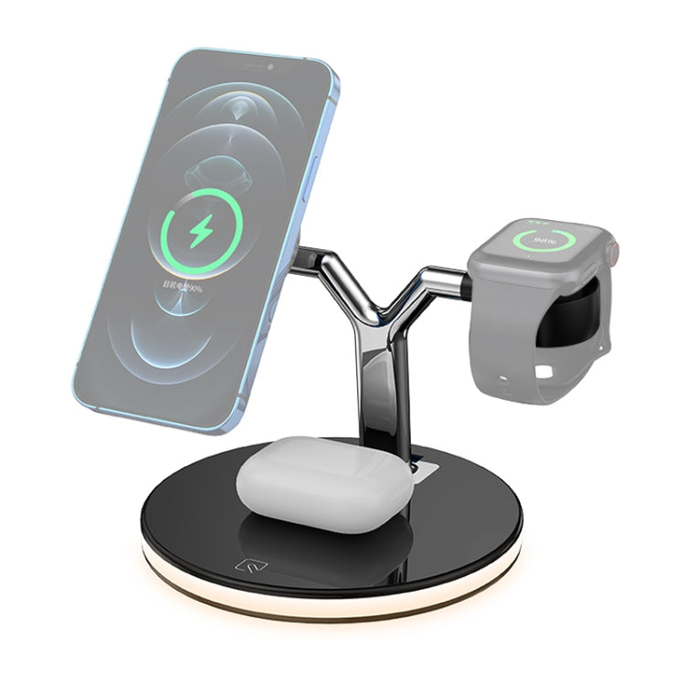3-in-1 25W Multifunktionales magnetisches kabelloses Ladegerät für Mobiltelefone, Apple Watches und AirPods mit farbigem LED-Licht