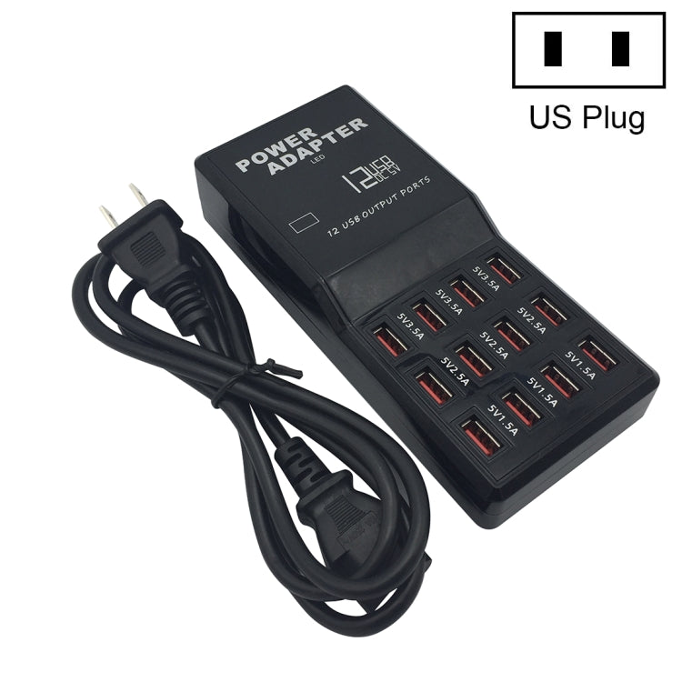 W-858 12A 12 Ports USB Schnellladestation Desktop Smart Charger AC100-240V, US-Stecker, US-Stecker