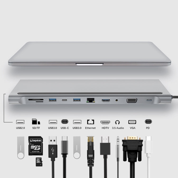 11 in 1 RJ45 + 87W PD + SD/TF + USBx3 + HDMI + VGA + 3,5 mm AUX zu Typ-C HUB Adapter, 11 in 1